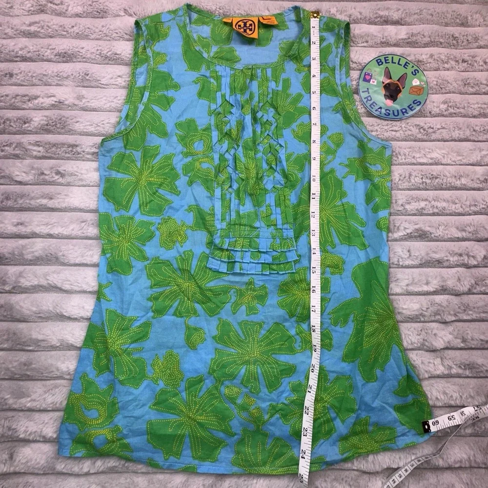Tory Burch Tank Top Women's 2/XS Bright Green Blue Leaf Ruffled Button Shirt Lux